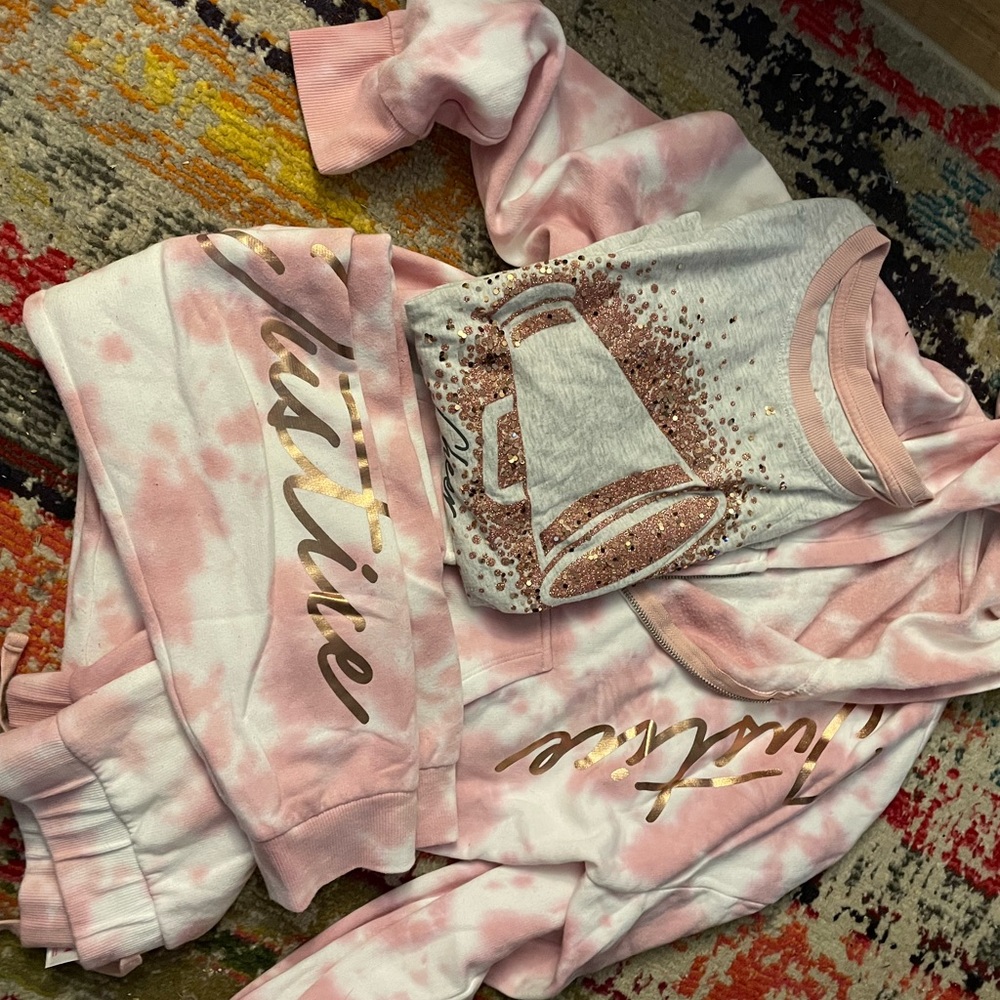 Justice Pink sweat pants, zip up hoodie long sleeved cheer shirt set. size 14